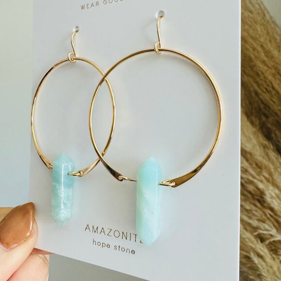 Amazonite Aqua Mint Gold Handmade Boho Gemstone Crystal Hoop Earrings Hoops - Picture 7 of 7